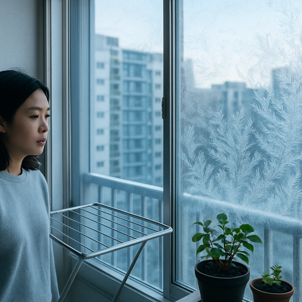 한파 예보가 뜬 날 아침의 아파트 베란다