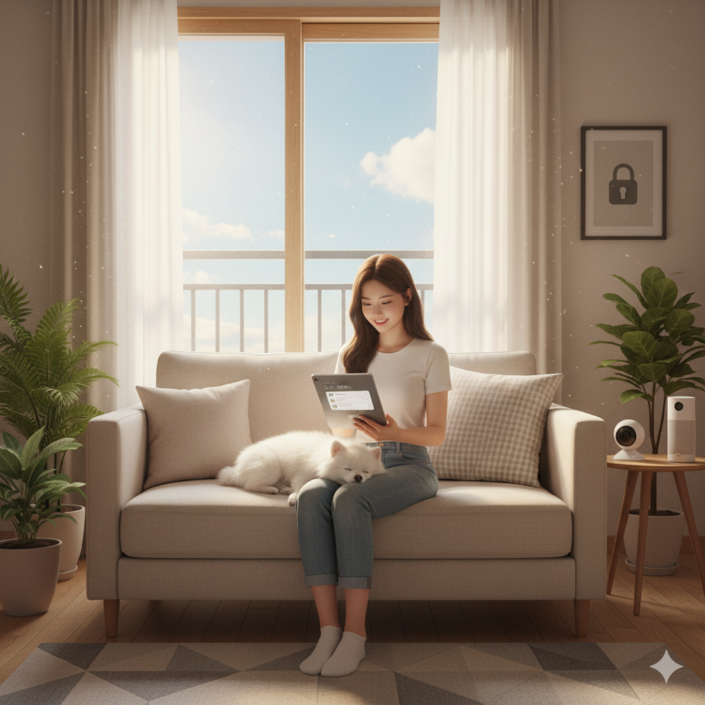 아늑하고 깔끔한 원룸 거실에 앉아 태블릿으로 '자취 체크리스트'를 꼼꼼히 확인하고 있는 20대 한국 여성의 모습