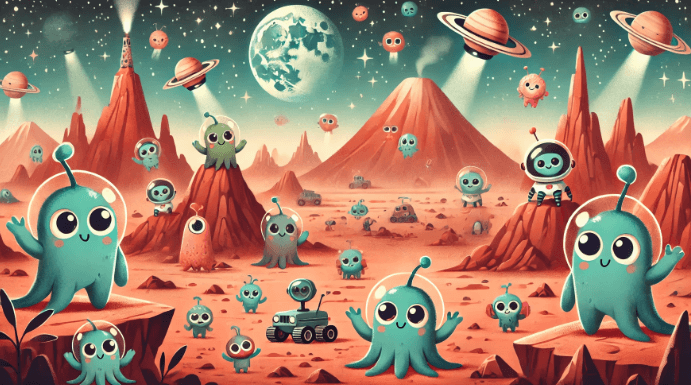 화성에 문어형상을 한 귀여운 외계인들 다수가 손을 흔들며 있다. 뒤로는 지구가 보인다
