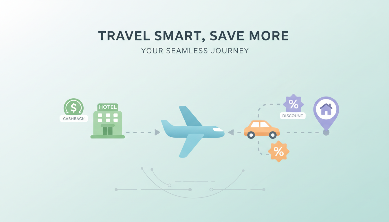 비행기, 호텔, 렌터카 등 다양한 여행 아이콘들이 연결되어 있는 인포그래픽. 국내 여행 할인 혜택을 체계적으로 찾고 활용하는 과정을 시각적으로 보여준다.