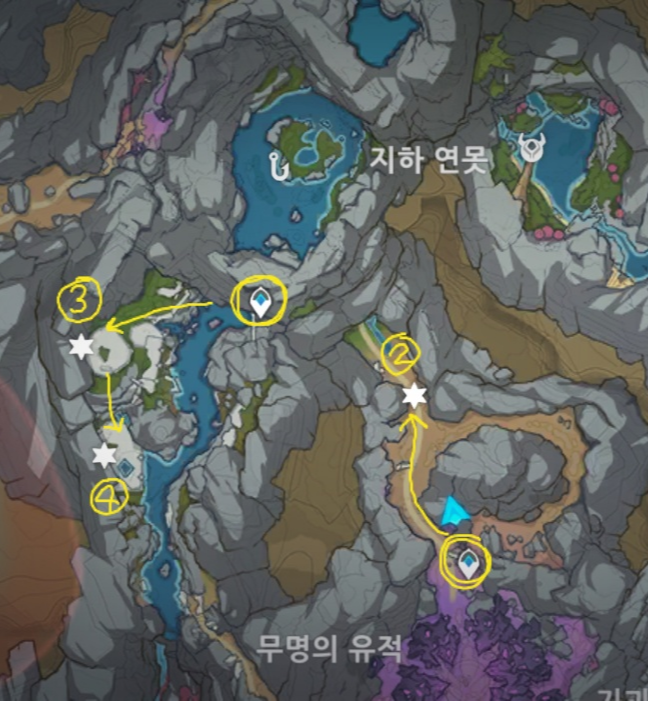 원신 층암거연 지하광구 보라색 문자 위치 보라색 글자 해석 뜻 의미 보라색 글자 기믹 공략 원신 히든 업적 아홉 글자 전언 원신 마신 임무 심연을 부르는 위령곡 지하연못 근처 123번 보라색 글자 위치