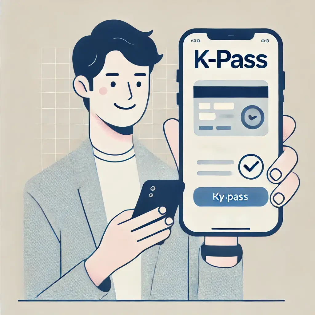 앱으로 K-패스 카드를 신청하는 남자의 일러스트.