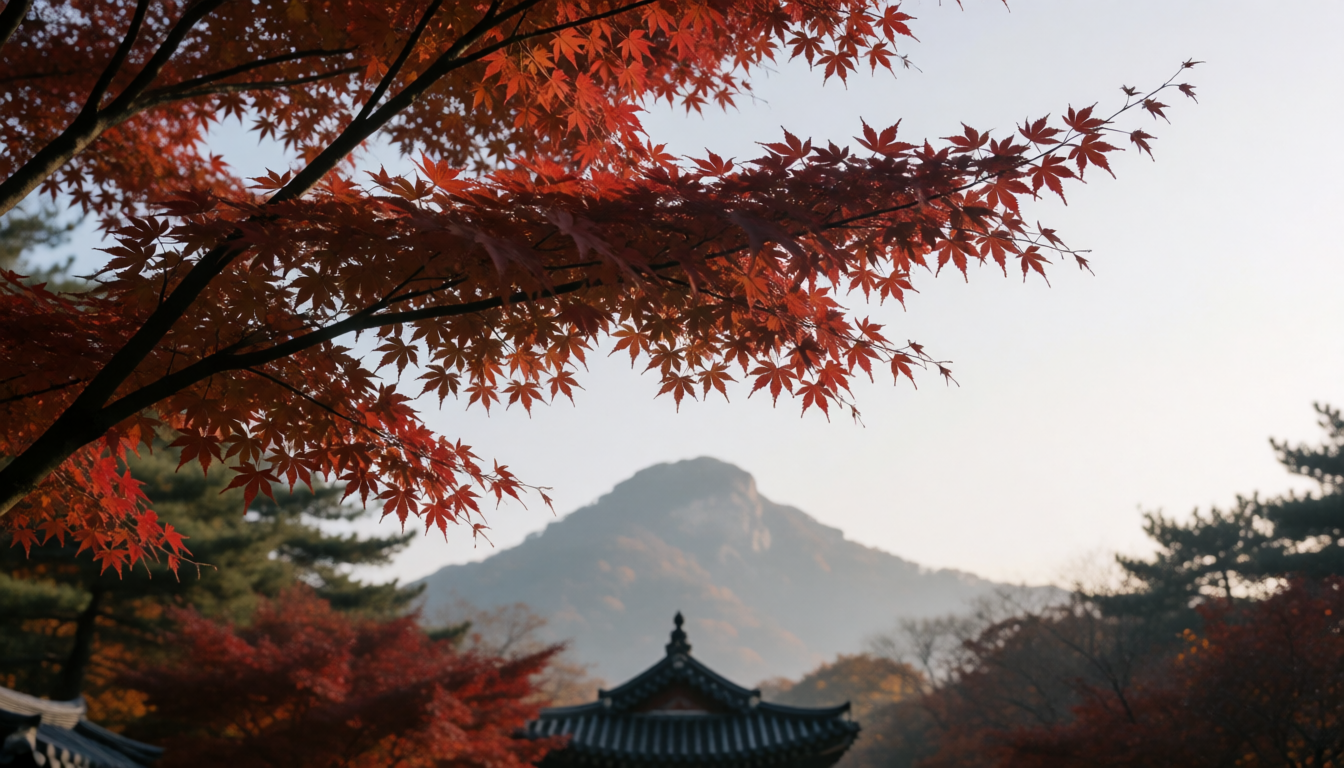 붉은 단풍 가지 너머 산과 작은 기와지붕이 보이는 풍경