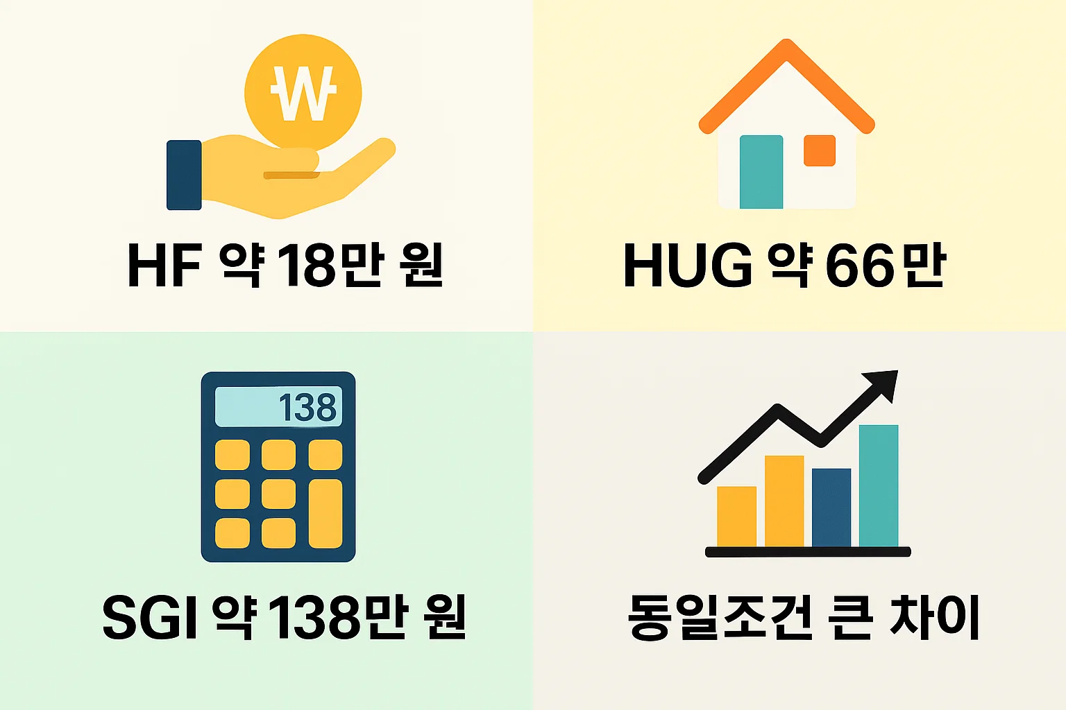 동일 조건으로 산출했을 때 HF 약 18만 원, HUG 약 66만 원, SGI 약 138만 원 등 기관별로 보험료 차이가 크게 발생하는 점을 숫자 기반으로 비교한 실전형 그래픽입니다.