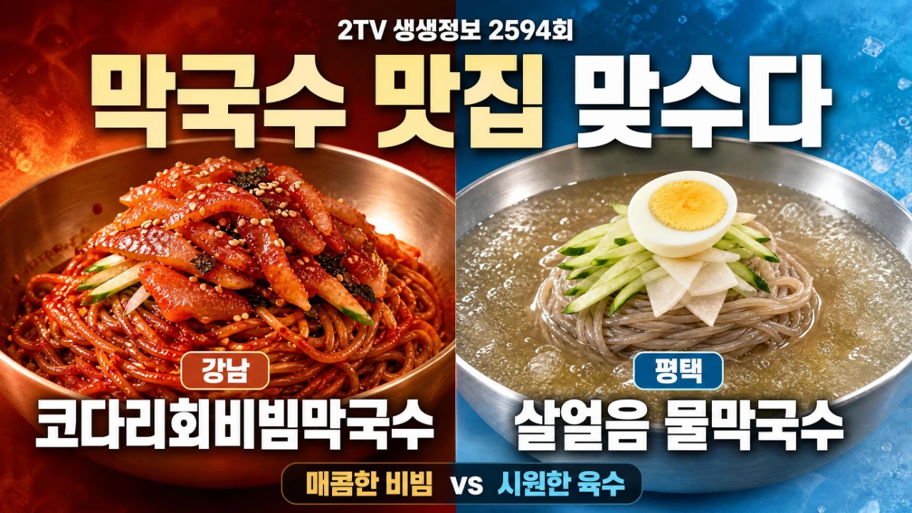 2TV 생생정보 2594회 강남 코다리회비빔막국수와 평택 살얼음 물막국수를 비교한 이미지