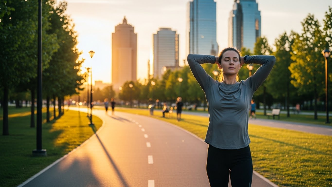 도심 산책로에서 걷기 운동하는 사람