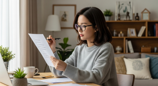 체크리스트를 출력해 표시하는 여성