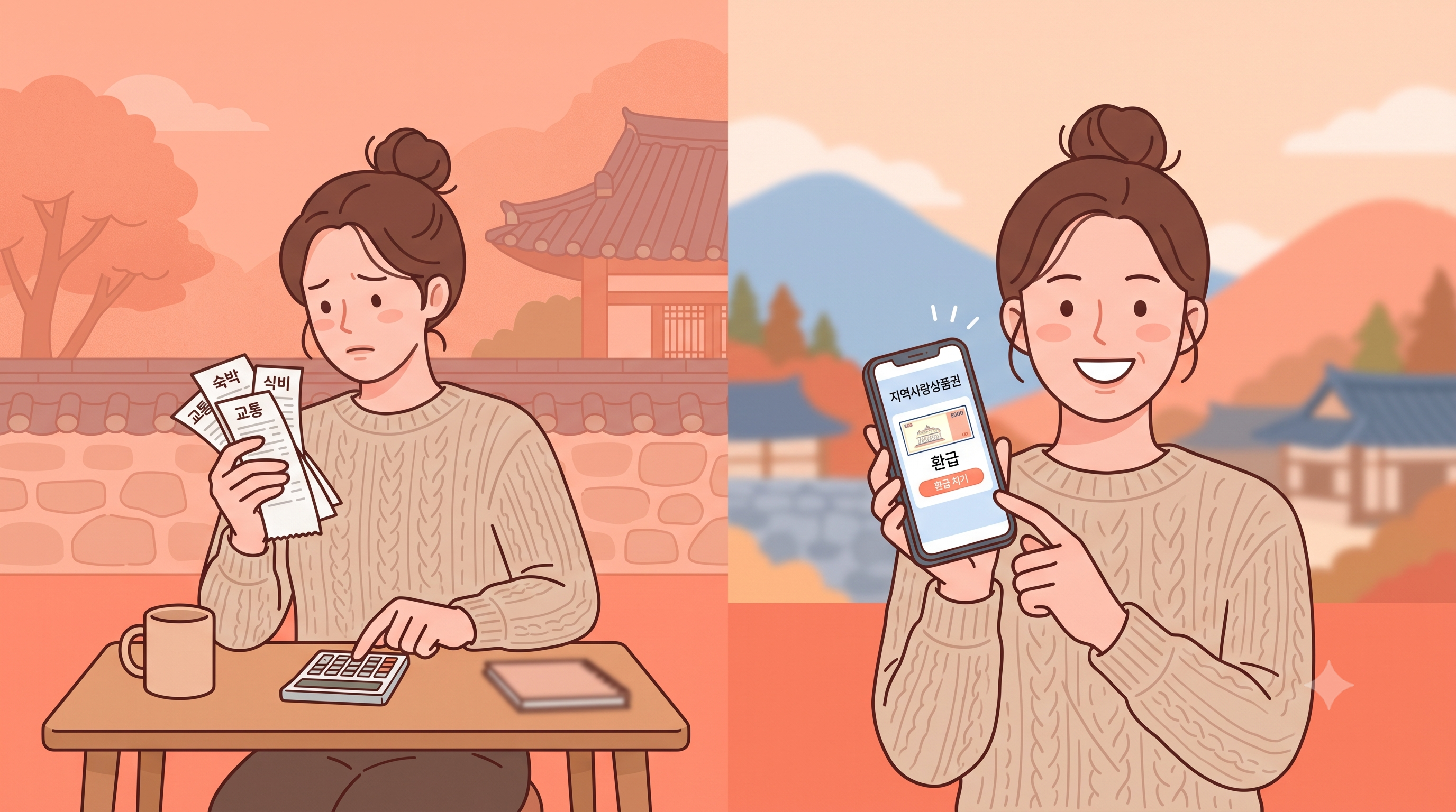 여행 영수증과 환급받은 모바일 상품권 화면을 보며 기뻐하는 사람 일러스트