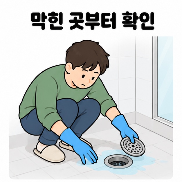 장갑을 낀 남성이 욕실 바닥 배수구 덮개를 들어 물이 고인 주변을 확인하는 모습