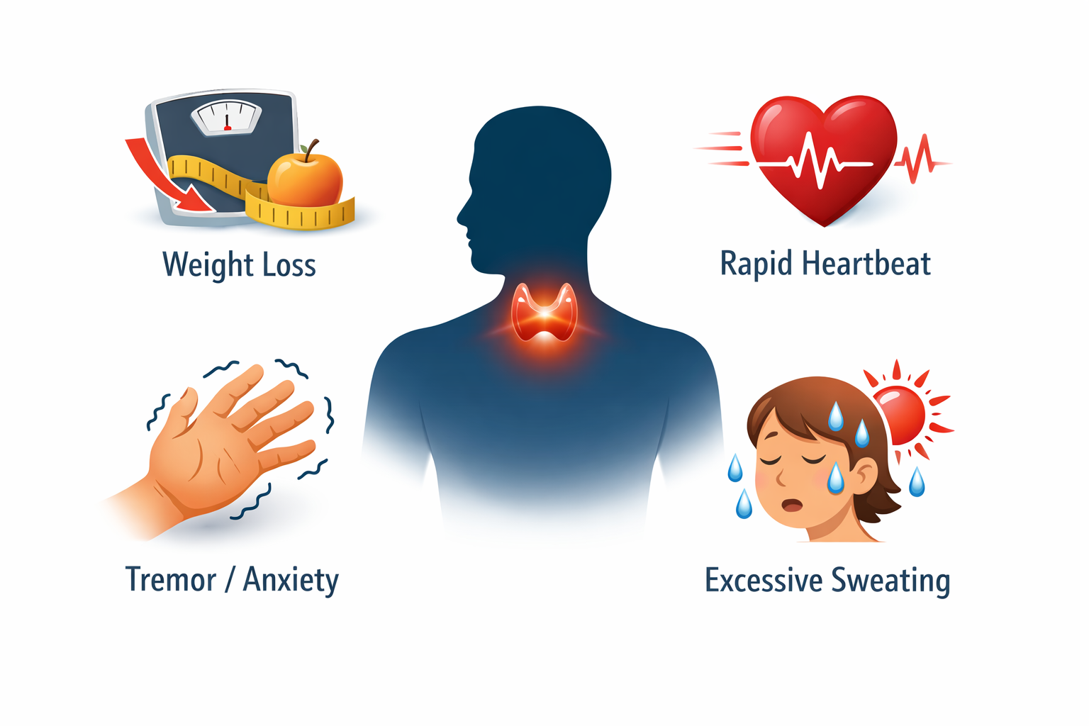 갑상선 기능 항진증에서 체중 감소, 심계항진, 손 떨림, 과도한 발한 등 주요 증상 4가지를 나타낸 인포그래픽