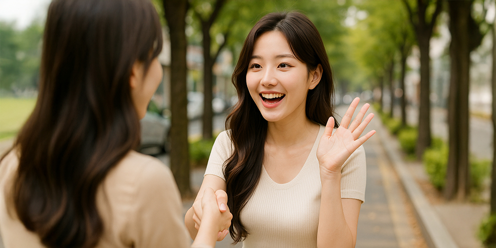 동창을 만나 기뻐하는 중