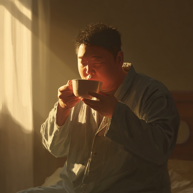 독감으로 따듯한 차를 마시는 남성
