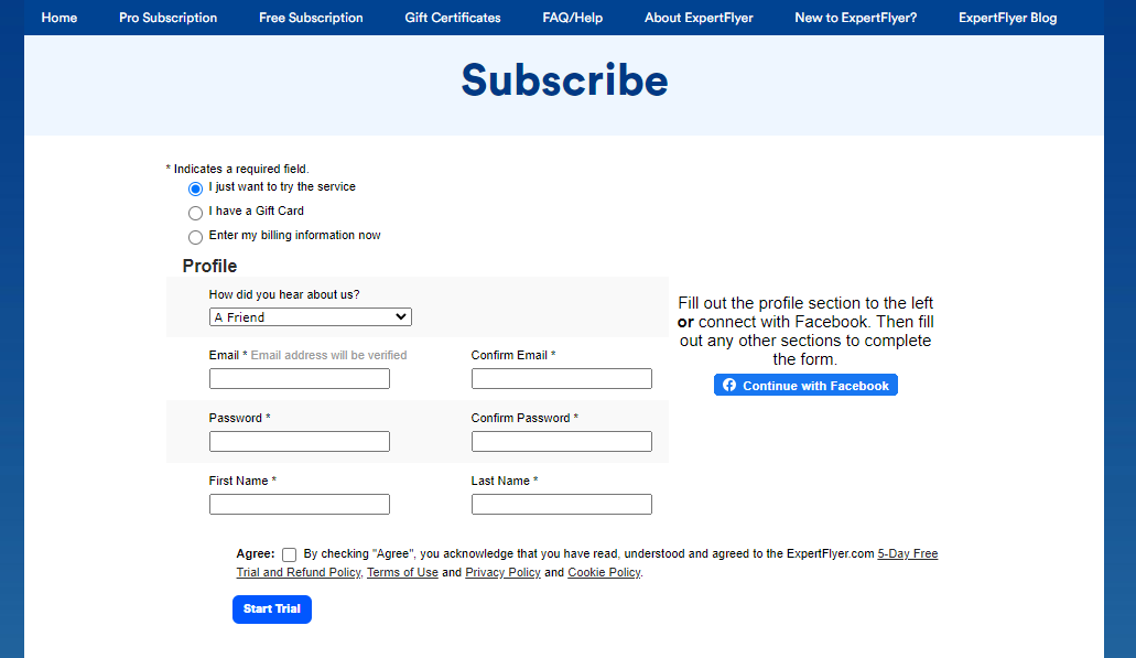 expertFlyer 사이트 가입