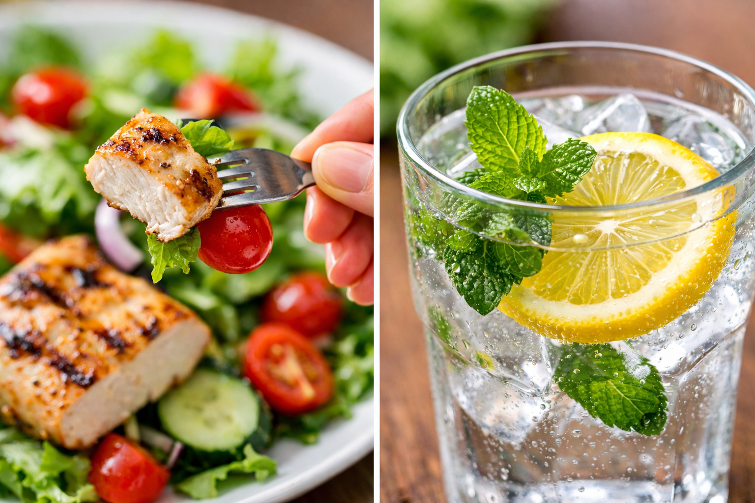 신선한 샐러드와 함께 그릴 닭가슴살 한 조각을 한 입 먹는 손. 레몬 조각과 민트 잎이 들어있는 물잔.