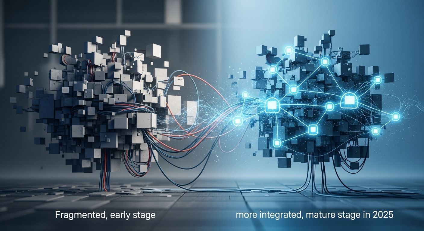 초기 파편화된 모습에서 2025년 통합되고 고도화된 메타버스로 진화하는 과정을 나타내는 개념적 이미지.