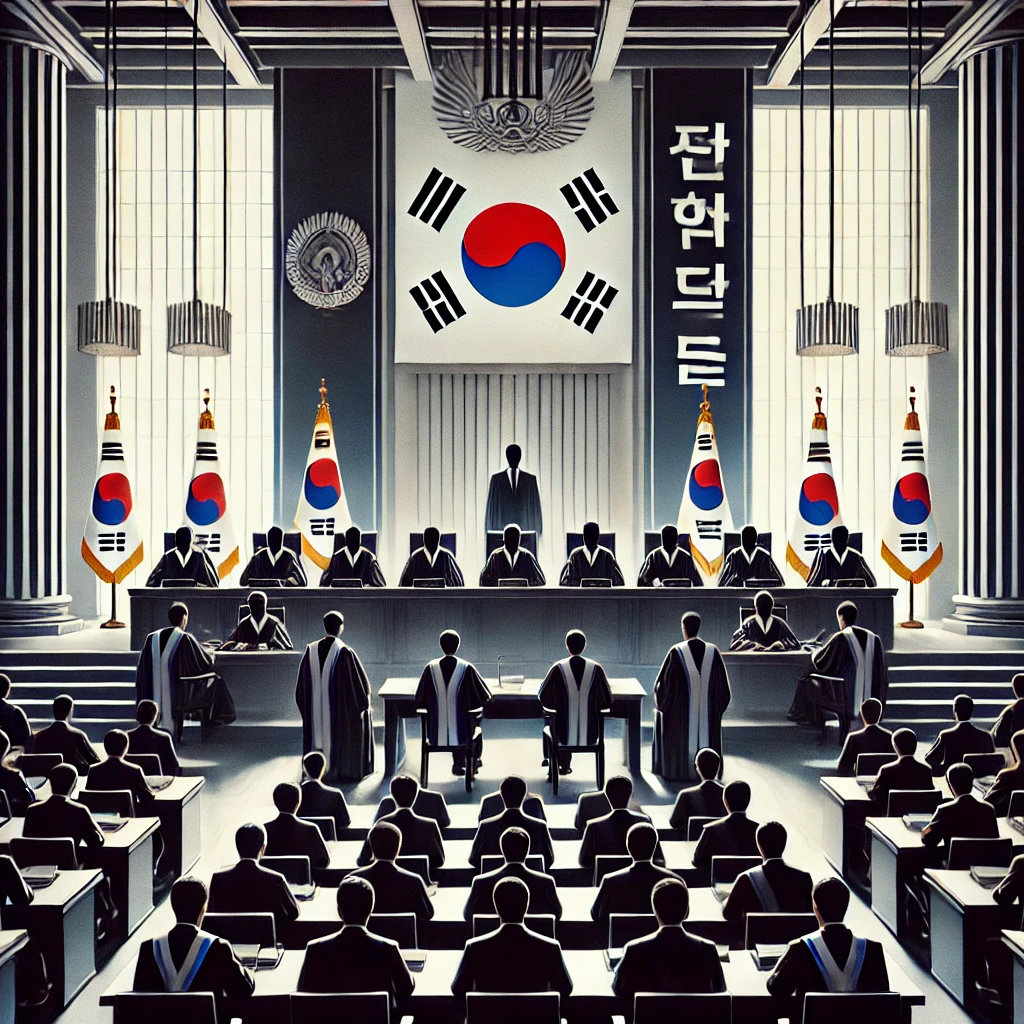 전통적인 분위기의 헌법재판소 법정에서 심판이 열리는 장면 