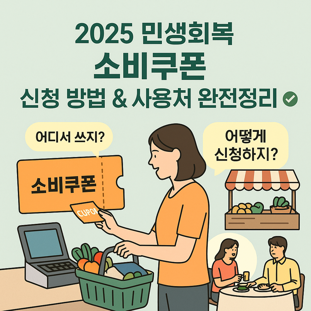 쿠폰을 사용해 장을 보고 있는 여성 "2025 민생회복 소비쿠폰 신청방법 &amp; 사용처 완전정리" 문구 포함