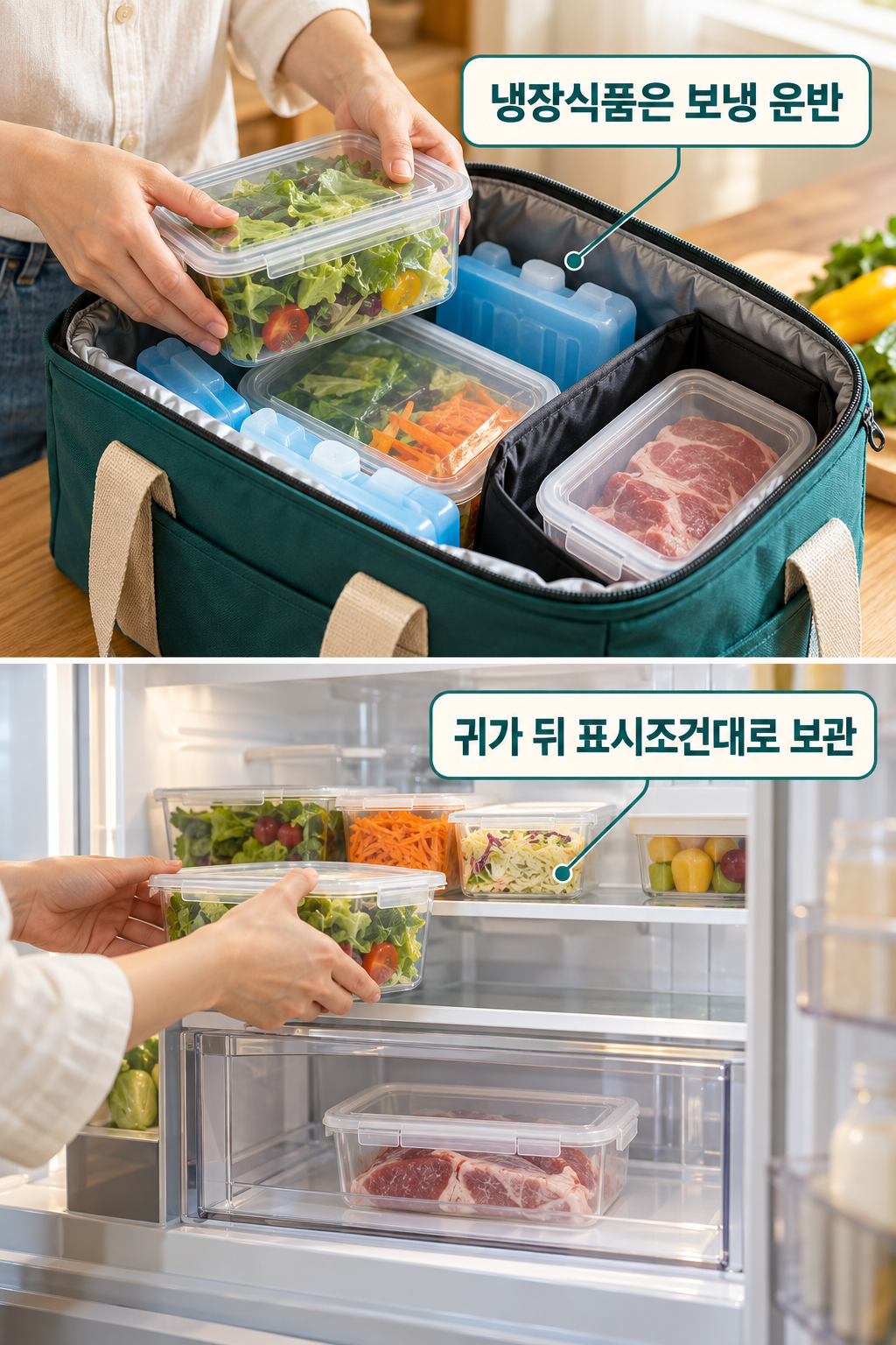 아이스팩이 든 보냉가방에 밀봉된 냉장식재료를 담는 손