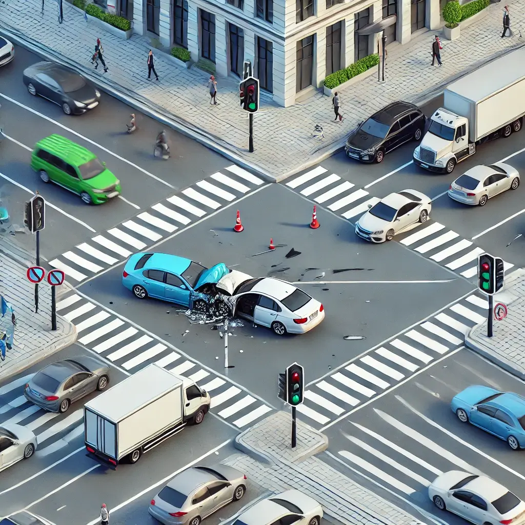 교차로에서 차량 충돌로 발생한 교통사고를 묘사한 이미지