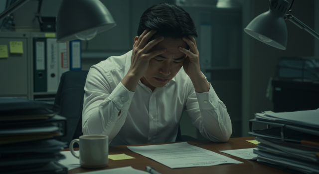 머리를 짚고 피곤해하는 직장인 한국 남성