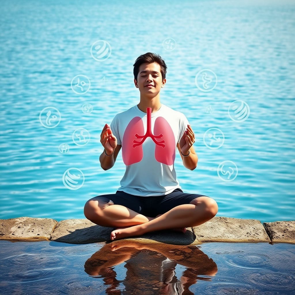 시원한 물가에서 명상하거나 가벼운 스트레칭을 하는 사람의 모습입니다. 인물 주변에는 신장과 폐를 상징하는 아이콘이 물결처럼 부드럽게 표현되어 있으며, 전체적으로 맑고 깨끗한 느낌을 주는 푸른색 계열의 색감을 사용합니다. 몸과 마음의 조화를 강조합니다.