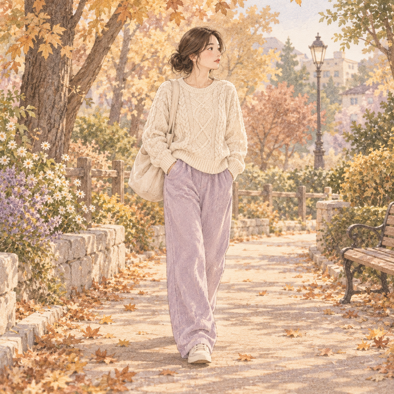 조용한 동네 길을 산책하는 은서의 일러스트