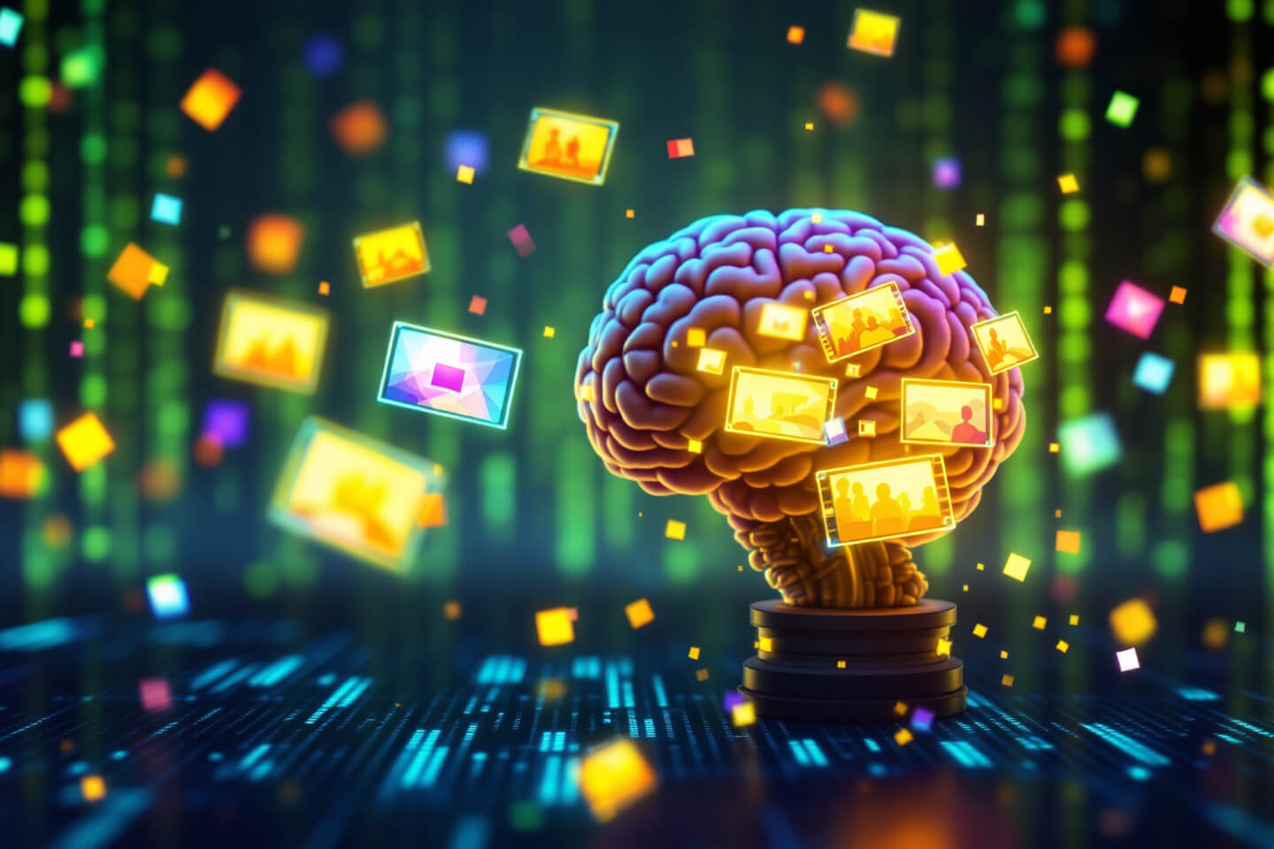 디지털 브레인과 다양한 비디오 클립 아이콘이 떠다니는 모습. 브레인은 빛나는 데이터 라인과 연결되어 있으며, 주변에는 이미지와 비디오 클립을 상징하는 다채로운 그래픽 요소들이 흩어져 있다