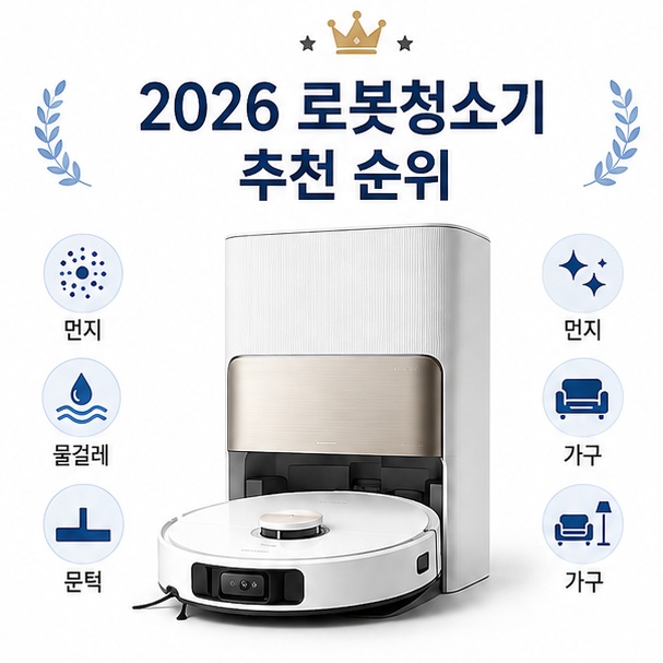 최신 로봇청소기와 올인원 스테이션, 물걸레와 문턱 아이콘으로 2026년 로봇청소기 추천 비교를 표현한 이미지