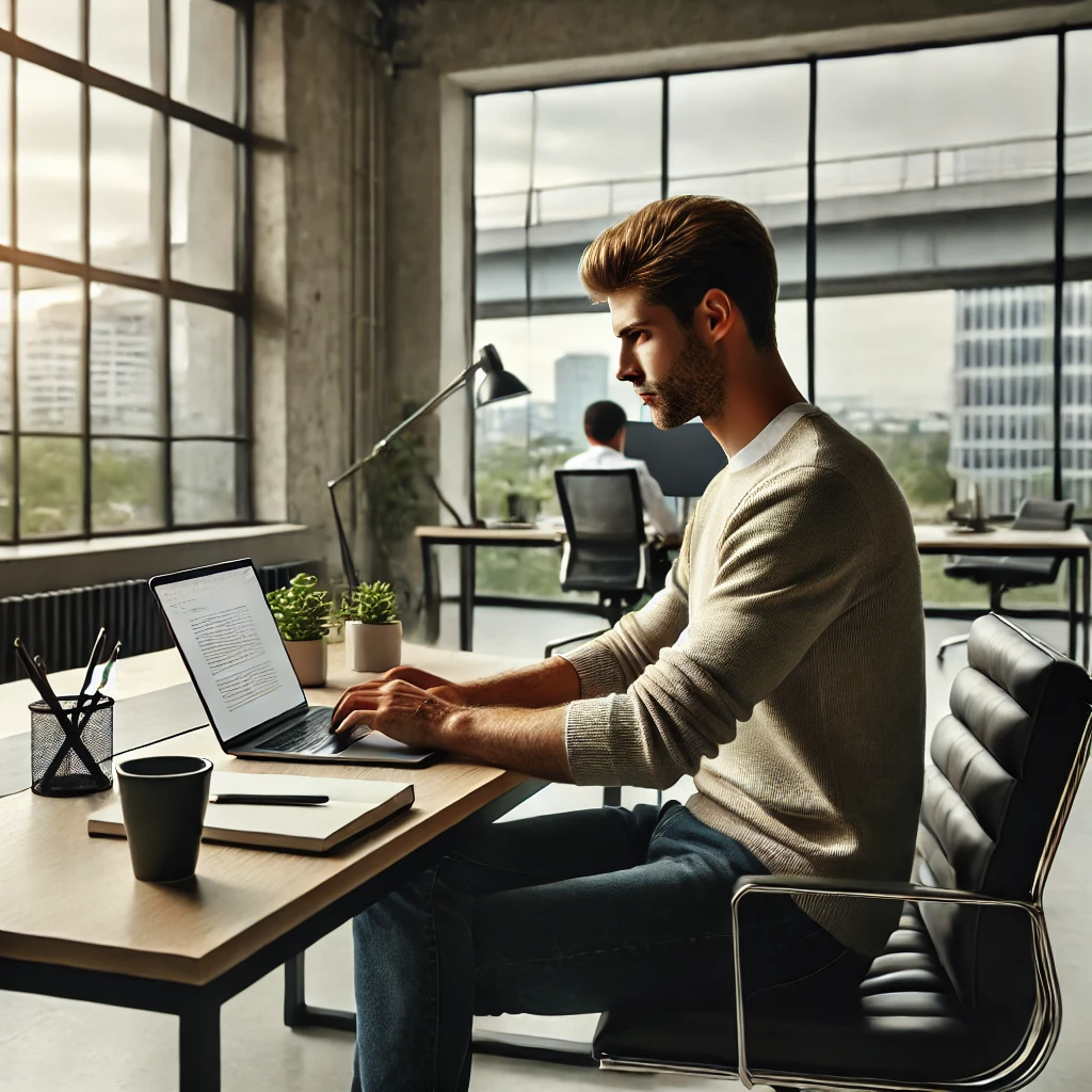 노트북과 커피컵&amp;#44; 노트패드가 놓인 책상에서 집중하며 타이핑하는 직장인&amp;#44; 자연광이 들어오는 창문과 도시 풍경
