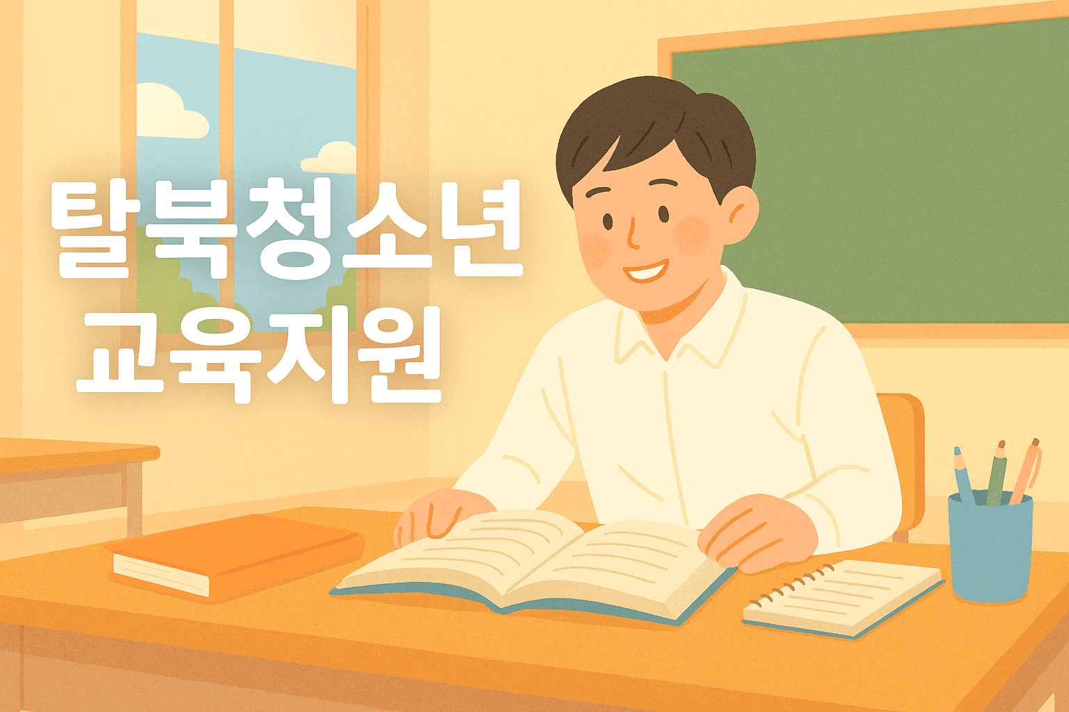 탈북청소년-공부중-교실-책상-노트-교과서-햇살-밝은표정-교육복지-희망지원