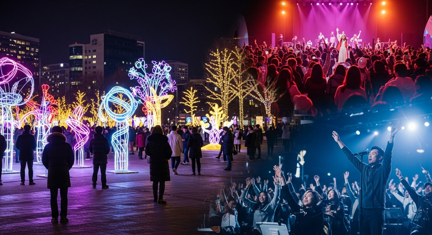 서울 도심에서 펼쳐지는 다양한 연말연시 문화 예술 행사 풍경, 빛 축제와 콘서트를 즐기는 사람들.