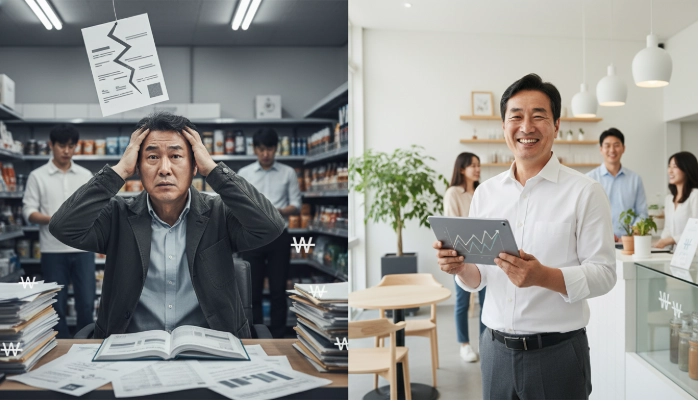상생페이 탈락으로 실망한 한국 소상공인과 새로운 정부 지원금을 통해 성공적으로 성장하는 한국 소상공인의 모습을 비교한 이미지