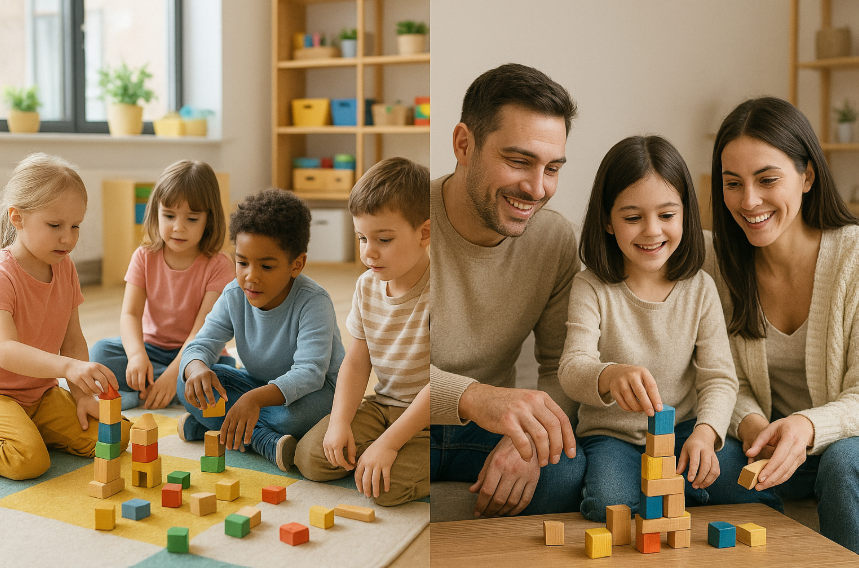 어린이집에서 친구들과 노는 아이(왼쪽 그림)
가정에서 부모님과 노는 아이(오른쪽 그림)