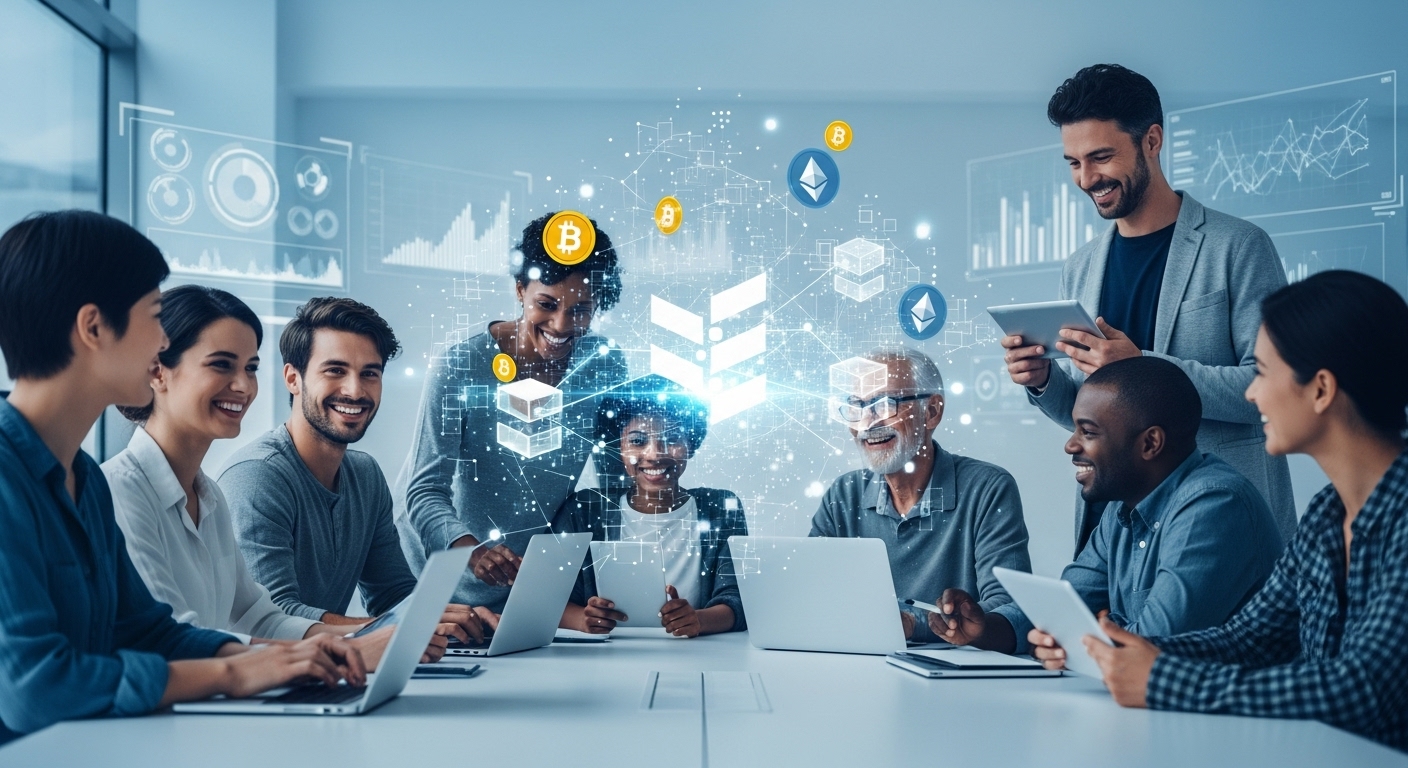 블록체인 네트워크와 코인 심볼이 떠 있는 테이블에 앉아 노트북과 태블릿으로 암호화폐 기초를 공부하는 다양한 연령대의 사람들