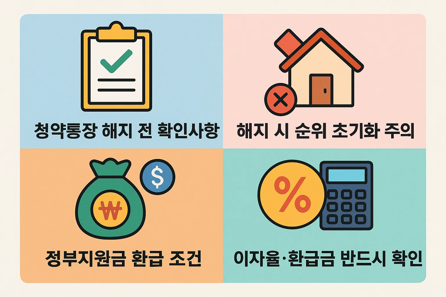 청약통장 해지 시 주의해야 할 순위 초기화, 정부지원금 환급 조건, 이자율 및 환급금 확인 절차를 정리한 인포그래픽