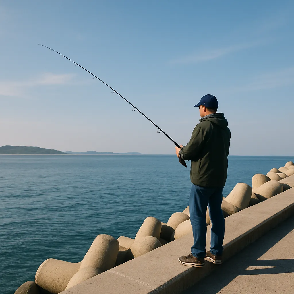 강화도 방파제에서 낚시하는 모습