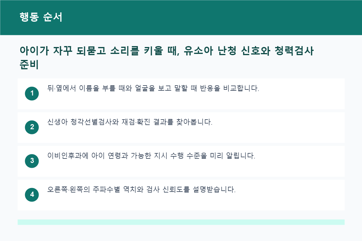 아이가 자꾸 되묻고 소리를 키울 때, 유소아 난청 신호와 청력검사 준비 행동 순서 정보 이미지