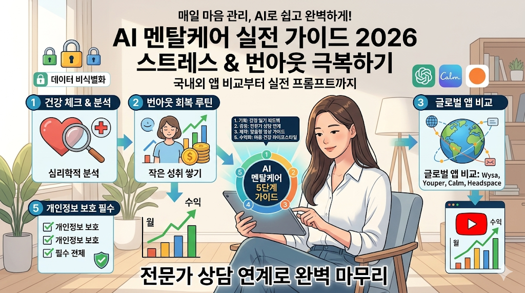 한 여성 상담사를 중심으로 국내외 AI 멘탈케어 앱(Calm, Headspace 등) 비교와 실전 프롬프트 활용을 통한 스트레스 및 번아웃 극복 5단계 로드맵을 시각화한 종합 가이드 인포그래픽입니다.