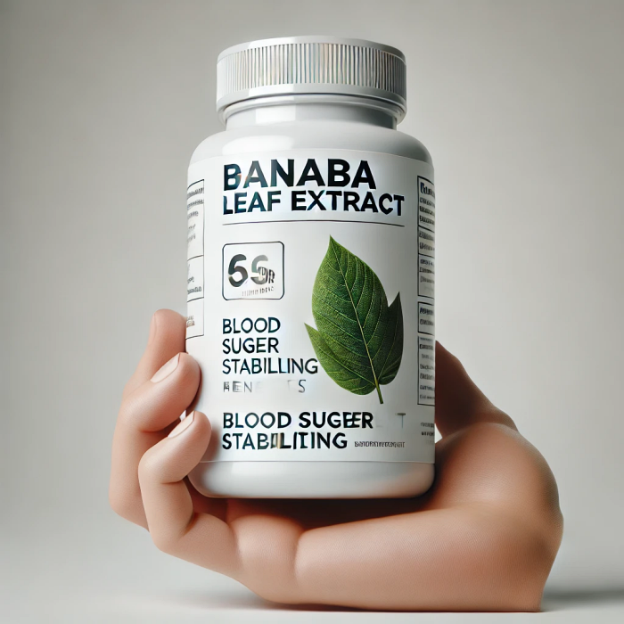 바나바 잎 추출물이 포함된 영양제 병: 영양제 병 라벨에 혈당 안정 효과가 강조된 제품 이미지.