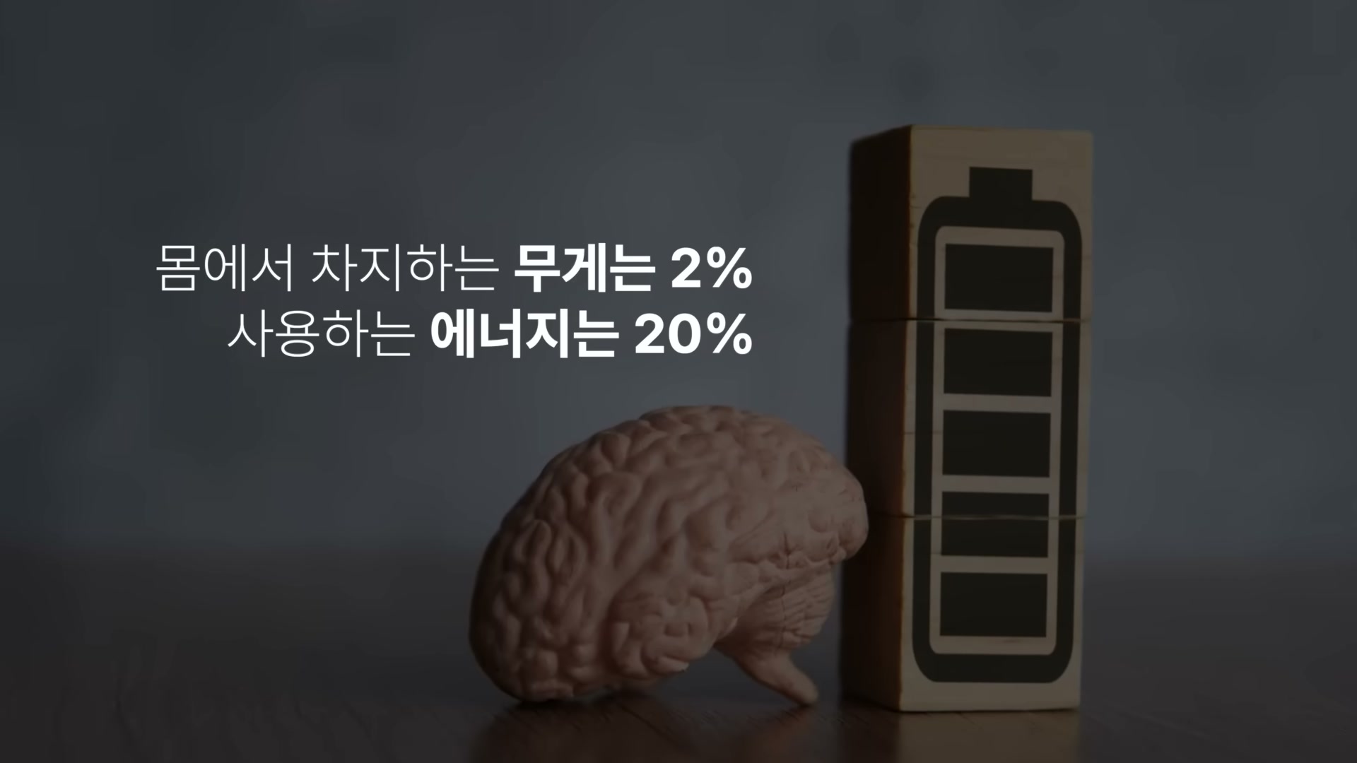 어두운 배경에 작은 뇌 모형이 놓여 있고 옆에 큰 배터리 모양 나무 큐브가 함께 놓여 있는 비유 슬라이드