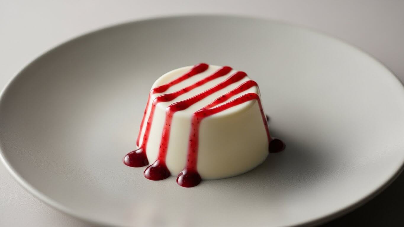 복분자 소스를 곁들인 담백한 우유 디저트, 복분자의 색감과 산미가 강조된 플레이팅