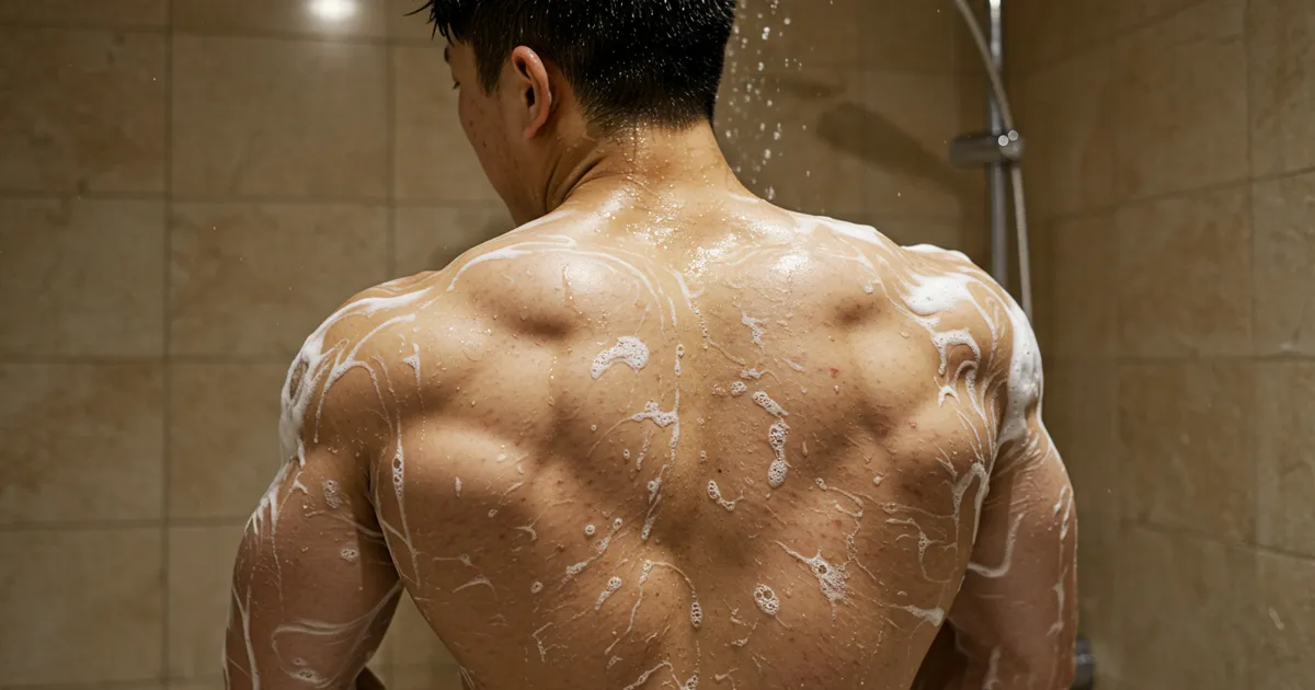 샤워실에서 등 샤워를 하고 있는 운동선수 이미지