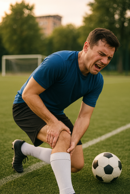 다리 부상에 아파하는 선수 모습