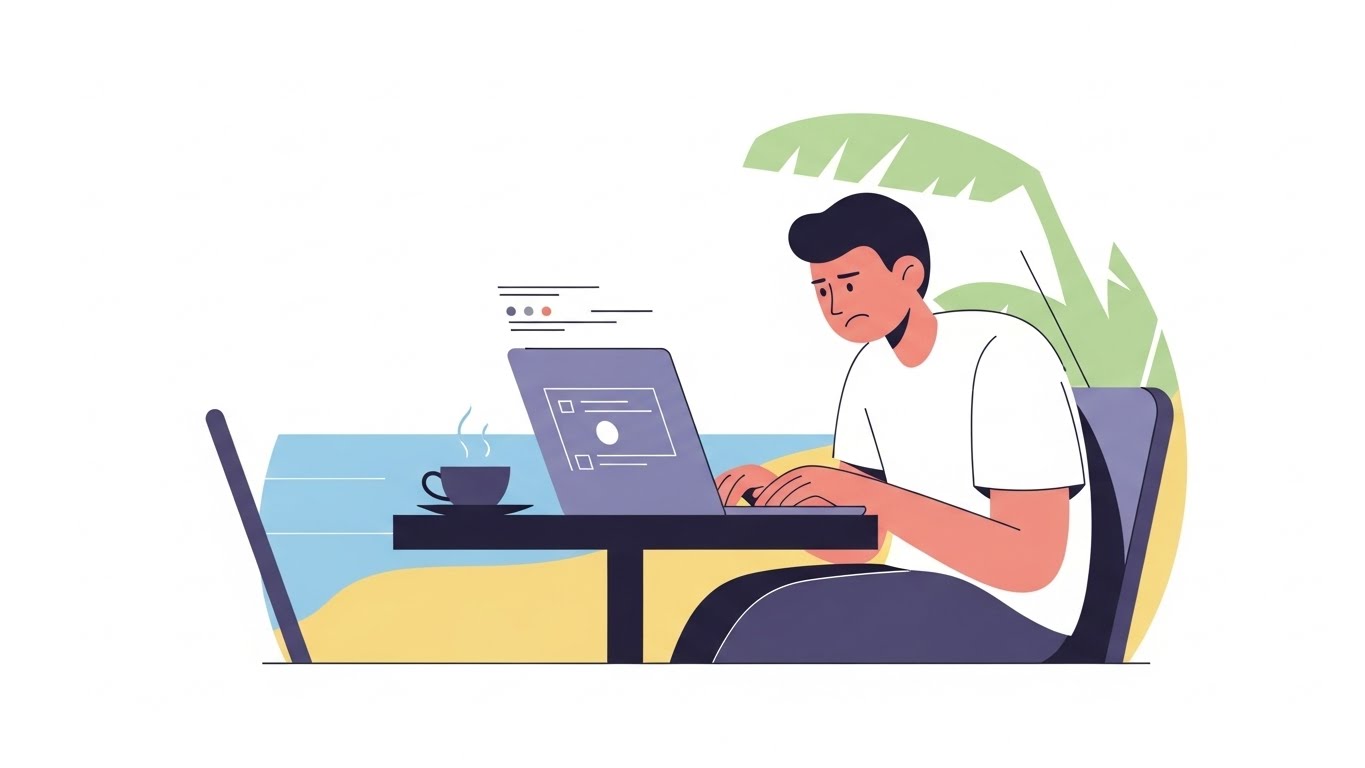 해변 카페에서 노트북으로 일하는 디지털노마드의 모습, 자유에는 책임이 따른다는 현실을 이해해야 합니다.