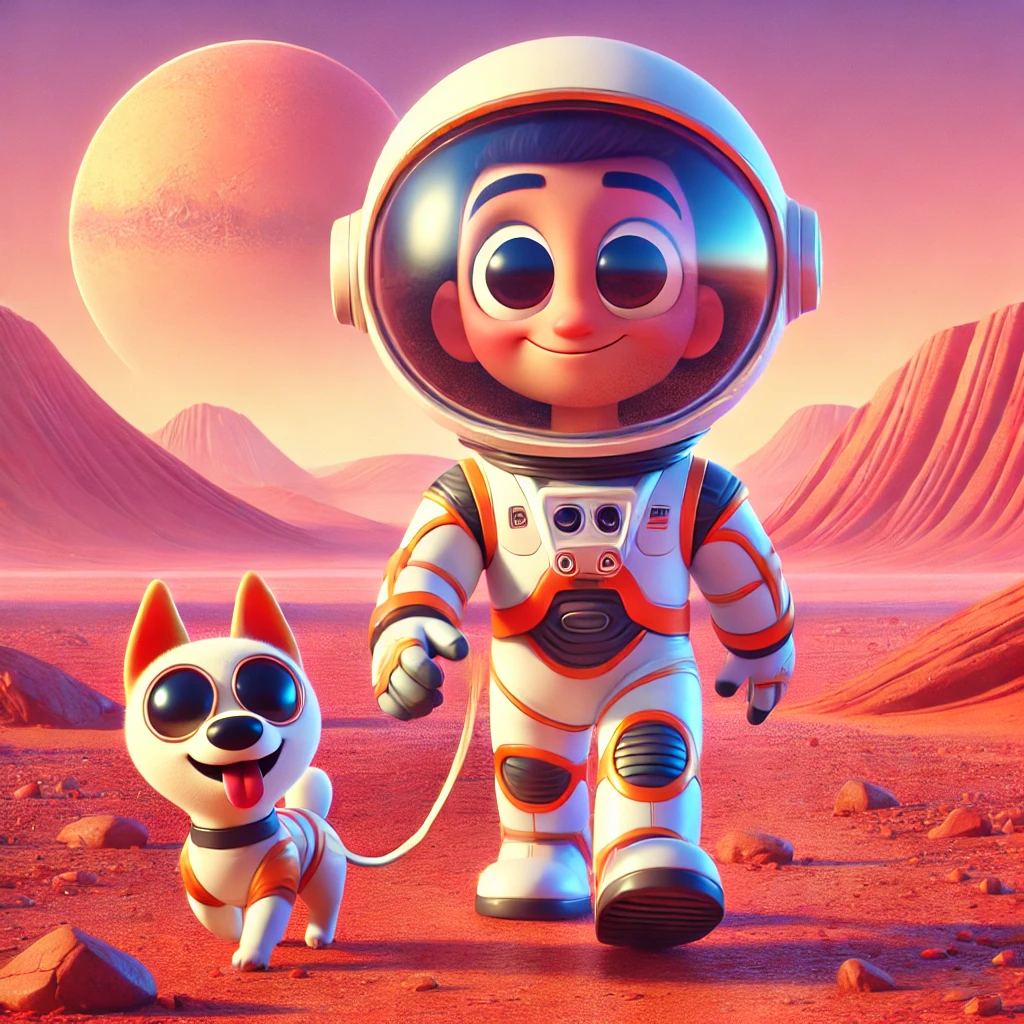 DALL-E 제작 이미지: Pixar 애니메이션 스타일로 화성에서 개를 산책시키는 우주인