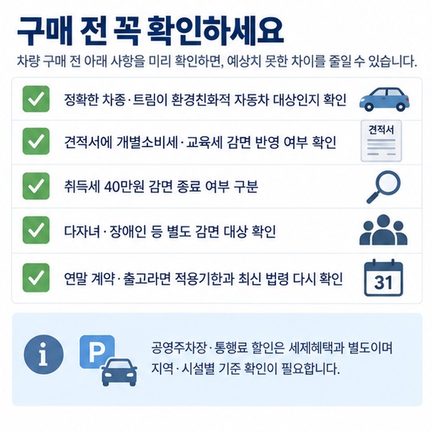 하이브리드 친환경차 대상 여부 견적서 감면 반영 계약 출고 시점 최신 세법 확인사항을 보여주는 이미지