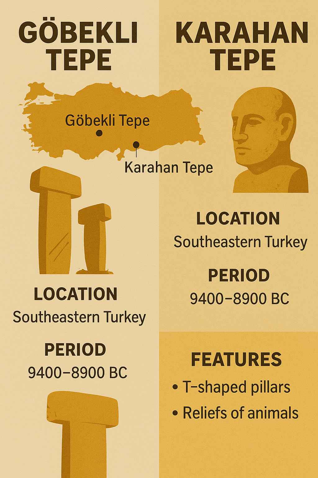 괴베클리 테페와 카라한 테페의 구조, 시기, 유물 등 주요 특징 비교 인포그래픽