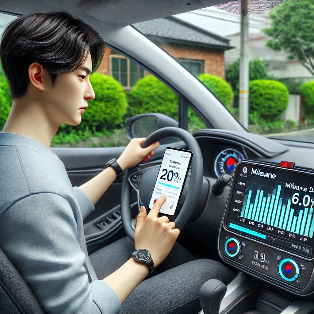 주택가에 주차된 차량 안에서 스마트폰 앱에 주행거리를 입력하는 한국 운전자. 앱 화면에는 그래프와 주행거리 추적기가 보이며, 창문 밖으로 녹음이 보임