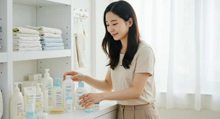 가족이 아기 피부관리 마무리하는 장면