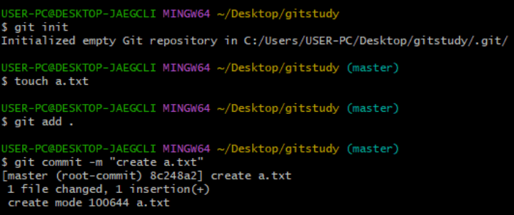 master 브랜치에서 a.txt 파일 생성